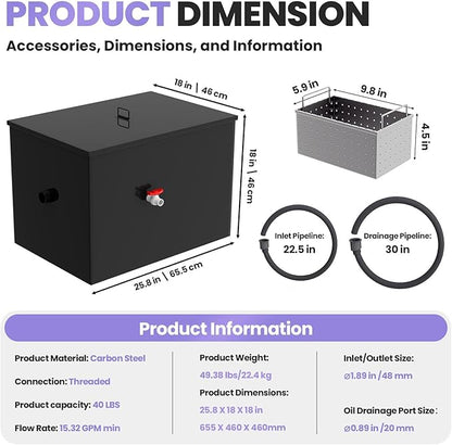 Commercial Grease Interceptor 40 LBS Carbon Steel Grease Trap, 15 GPM Flow Rate Under Sink Style, Dual Filter Tube for Restaurant Home Kitchen Food Processing Wastewater Separation