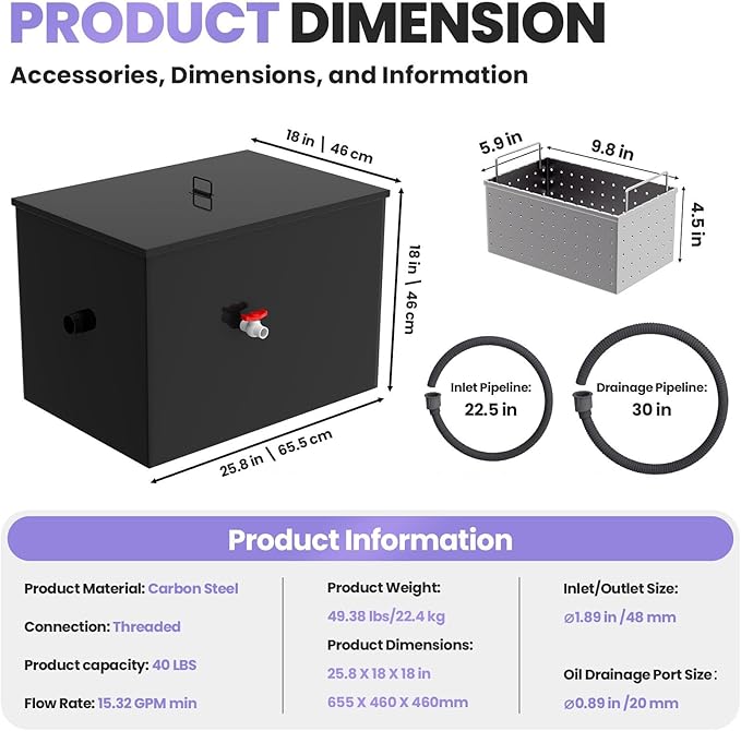 Commercial Grease Trap 40 LBS Carbon Steel Grease Interceptor, 15 GPM Flow Rate Under Sink Design, Dual Filter Tube for Restaurant Home Kitchen Food Processing Plant Wastewater Separation