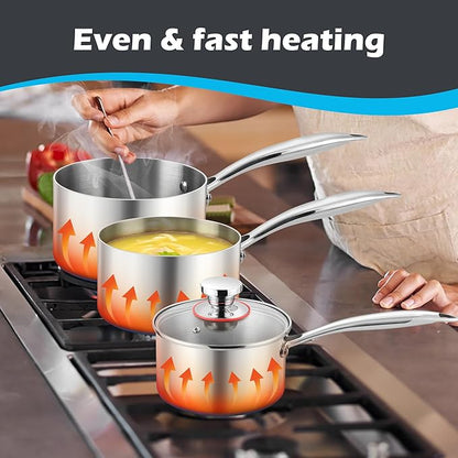 E-far 3-Quart Saucepan, Tri-Ply Stainless Steel Sauce Pan with Glass Lid, Small Cooking Induction Pot Compatible with All Cooktops, Non Toxic, Oven & Dishwasher Safe