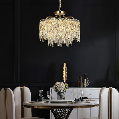 6 Light Gold Crystal Chandelier | Modern Crystal Chandeliers for Dining Room Light Fixture | Luxury Ceiling Pendant Lighting for Living Room | Bedroom | Entryway | Foyer | Staircase | Barthroom