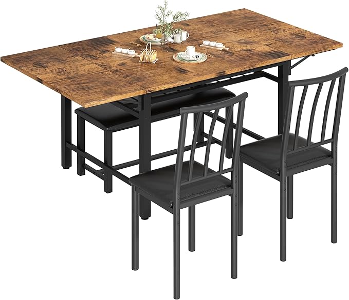 Lamerge 4-Piece Dining Table Set for 3-6 People, 63" Extendable Kitchen Table Set with 1 Bench and 2 Backrest Chairs, Faux Wood Table Square Dining Table Set with Drop Leaf for Small Space