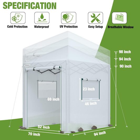 WORKPRO Greenhouse, 94" x70" x98" Instant Pop-up Heavy Duty Gardening Green House Canopy with Robust PE Cover, Indoor Outdoor Plant House Shed with Roll-up Entry Doors and 2 Screen Windows