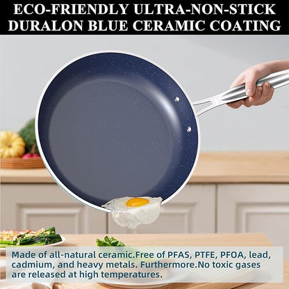 Nuwave 9pc Cookware Set Healthy Duralon Blue Ceramic Nonstick Coated, Diamond Infused Scratch-Resistant, PFAS Free, Oven Safe, Induction Ready & Evenly Heats, Tempered Glass Lids & Stay-Cool Handle