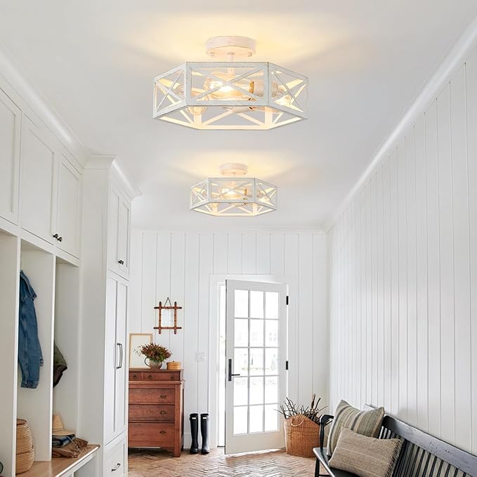 3-Light Flush Mount Ceiling Light Fixture, Modern Close to Ceiling Light with White Metal Hexagon Cage, Farmhouse Ceiling Light for Bedroom, Hallway, Entry, Foyer, Kitchen