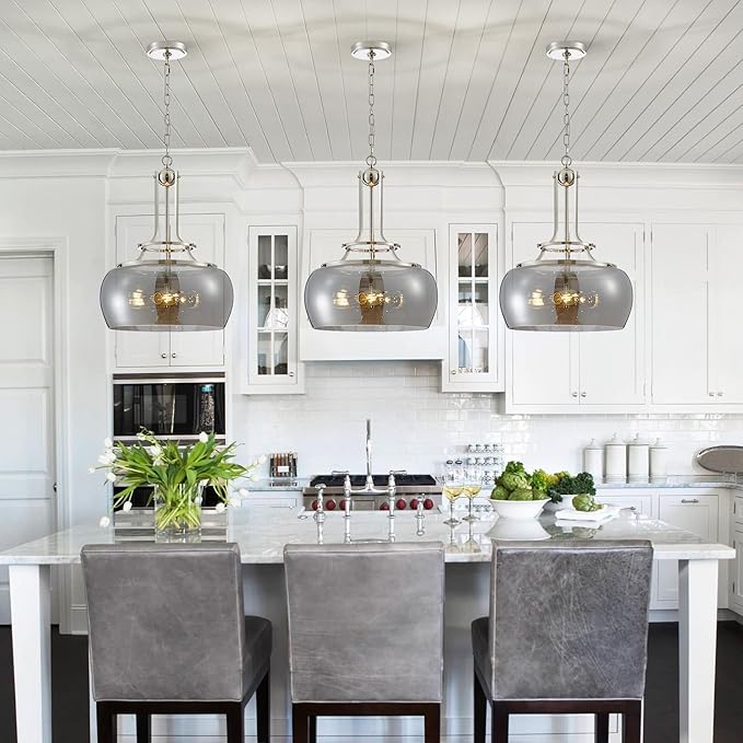 WUZUPS Nickel Chandelier Rustic Farmhouse Industrial Round Ceiling Pendant LED Light Fixture Electroplated Gray Glass Shade for Dining Room Kitchen Island Foyer Entryway, H 20.9" W 15.9", E26 Base