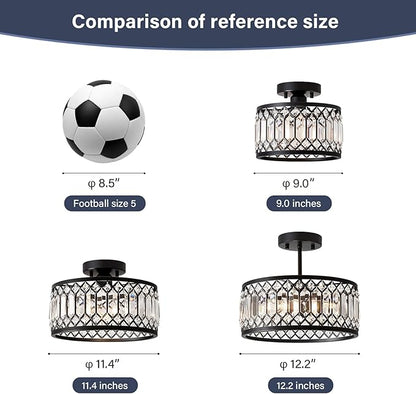 Crystal Black Ceiling Light, Modern Semi Flush Mount Ceiling Lighting Fixture, Round Hallway Lighting Fixtures for Kitchen Entryway Bedroom Laundry Room, 1-Light, 9 Inch