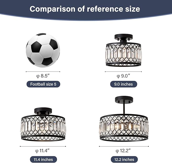 Crystal Black Ceiling Light, Modern Semi Flush Mount Ceiling Lighting Fixture, Round Hallway Lighting Fixtures for Kitchen Entryway Bedroom Laundry Room, 1-Light, 11.4 Inch