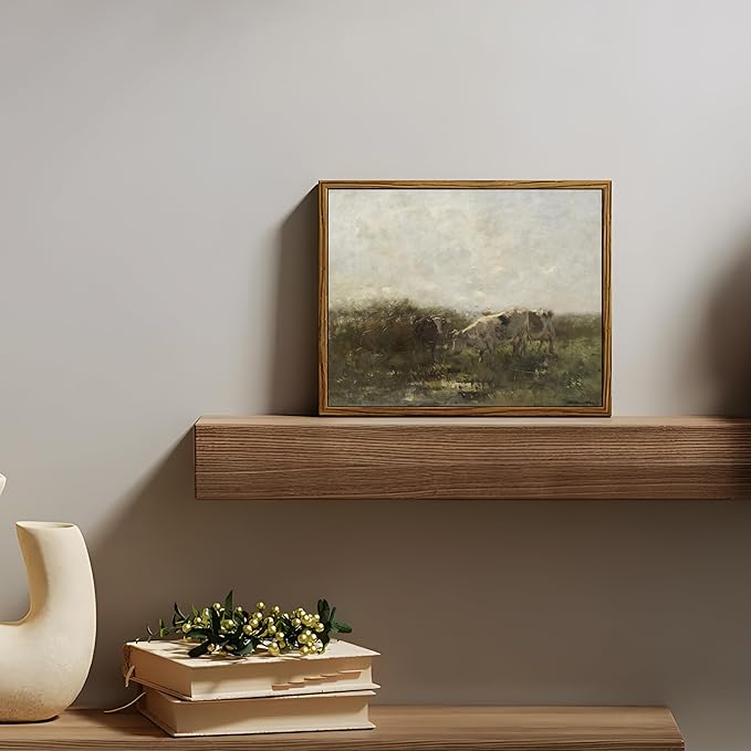 Floating Framed Landscape Canvas Wall Art, French Vintage Natural Country Cows Pictures Wall Decor Artwork, Farmhouse Oil Paintings Prints for Living Room Bedroom Home Decoration 8x10 inch