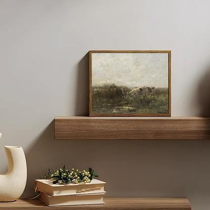 Floating Framed Landscape Canvas Wall Art, French Vintage Natural Country Cows Pictures Wall Decor Artwork, Farmhouse Oil Paintings Prints for Living Room Bedroom Home Decoration 8x10 inch