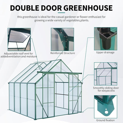 KEIKI 8x8 FT Double Door Polycarbonate Greenhouse with Aluminum Frame,Raised Base and Roof Vent,Walk-in Greenhouses for Patio Garden Backyard
