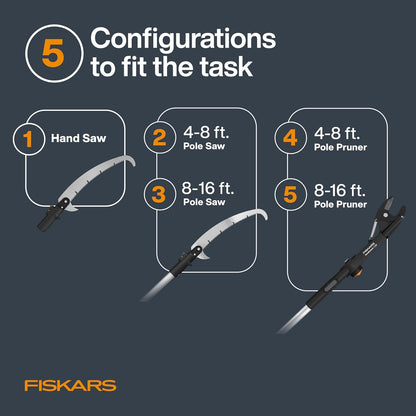 Fiskars XtendControl Extendable Tree Pruner (16 ft), Adjustable Branch Trimmer with Rotating Pruning Head, 15" X3 Double-Hooked Saw, 4-8 ft Extension Poles & Automatic Cord Reel for Precision Cutting