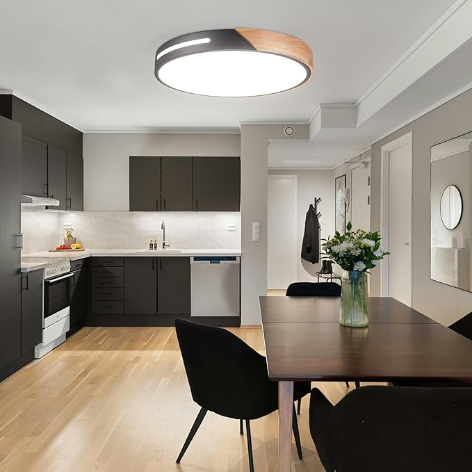 Wood Ceiling Light Flush Mount LED 36W, 16 inch Flush Mount Black, Kitchen Light Fixtures Ceiling Mount, Dimmable Close to Ceiling Light for Bedroom, Living Room, Bathroom