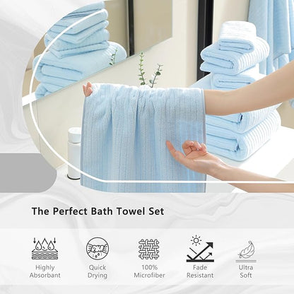18 Piece Bath Towels Set,Super Soft Family Bathroom Towel Set with Hanging Loops-6 Bath Towels,6 Hand Towels,6 Washcloths,Highly Absorbent Quick Dry Shower Towel for Bathroom,Hotel,Spa-Blue Towel Set