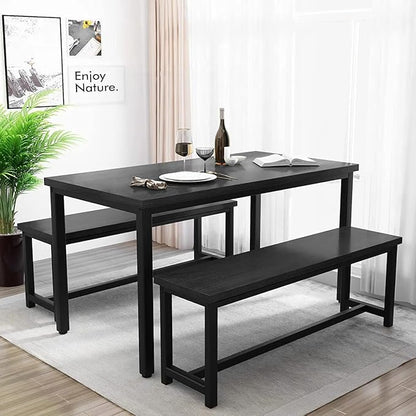 Recaceik Dining Table Set for 4 Kitchen Dining Room Set with 2 Dinner Benches, Farmhouse Breakfast Table for Apartment Small Space, Easy Assembly