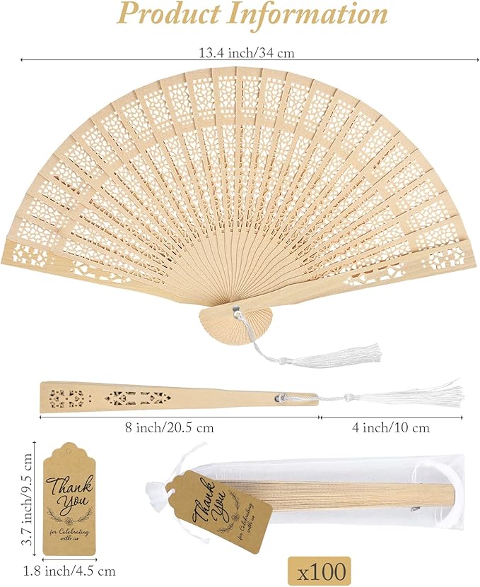 Aodaer 100 Pieces Wooden Folding Fan Sandalwood Folding Hand Fan Openwork Vintage Chinese Fan with White Tassel, Organza Bag and Greeting Cards for Wedding Birthday Party Favors Home Decorations