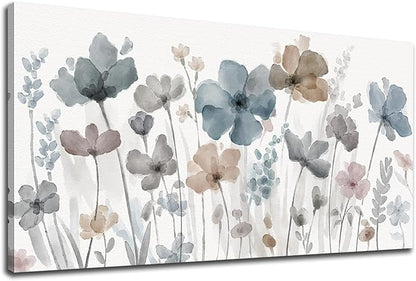 Elegant Flowers Canvas Wall Art - Floral Pictures for Wall Decor Indigo Brown Grey Canvas Painting Nature Printing Artwork for Living Room Bedroom Home Office Wall Decoration 29" x 58"