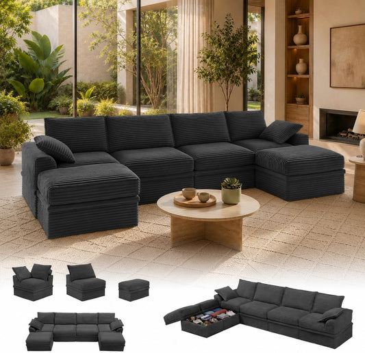 142" Upgraded Couch with Storage, Modular Sectional Couches for Living Room, Oversized Deep Seat 6-Seat U Shaped Cloud Sofa with Ottoman & Pillows,Corduroy,No Assembly (Gray)