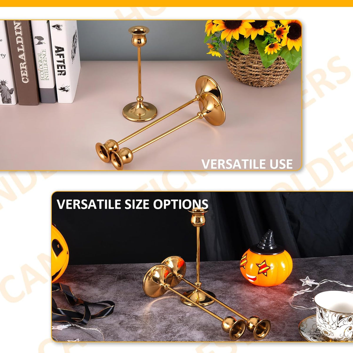 Taper Candle Holder Tall Vintage Metal Candlestick Holders Candle Stick Candelabra for Halloween Thanksgiving Christmas Holiday Wedding (Gold, 1 Set (3 pcs))