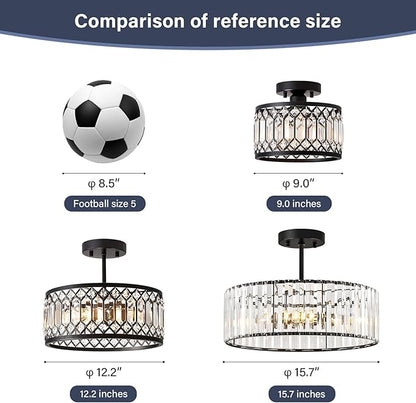 Crystal Black Ceiling Light, Modern Semi Flush Mount Ceiling Lighting Fixture, Round Hallway Lighting Fixtures Chandelier for Kitchen Entryway Bedroom Dining Room, 3-Light, 15.7 Inch