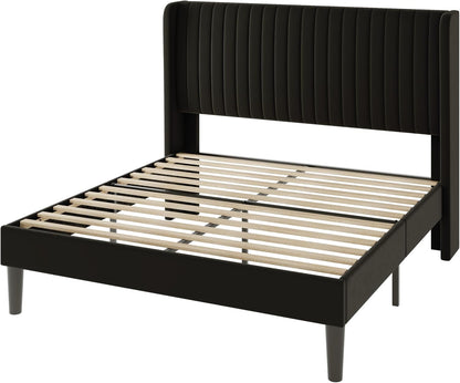 Allewie Queen Size Velvet Bed Frame/Vertical Channel Tufted Wingback Headboard/Upholstered Platform Bed/Strong Wooden Slats/No Box Spring Needed/Easy Assembly/Black