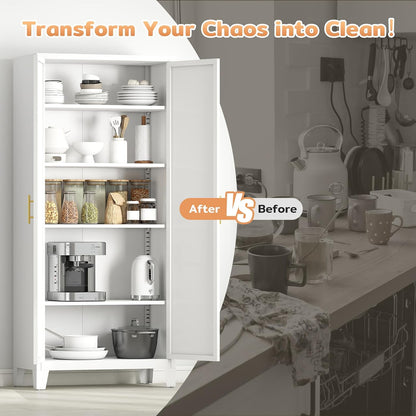 Zevemomo 71'' Tall Metal Pantry Cabinet with 2 Doors, Freestanding Kitchen Storage Cabinet with 4 Adjustable Shelves, Steel Cupboard for Kitchen, Pantry, Dining Room, Living Room, Bathroom, White
