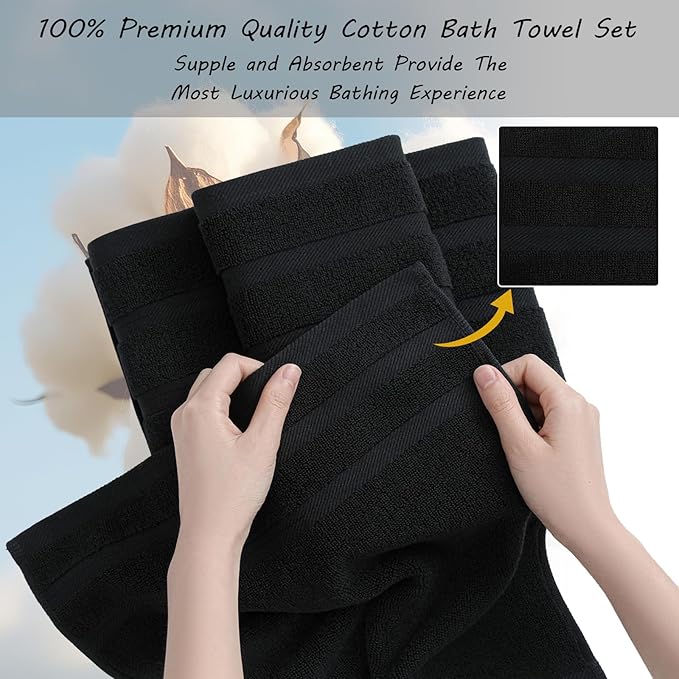 16-Piece Bath Towels Set, 100% Cotton Thick Soft Highly Absorbent Durable, Quick Dry, Bathroom Towels Set (4 Bath Towels, 4 Hand Towels, 8 Washcloths) - Perfect for Daily Use
