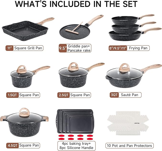 JEETEE 36Pcs Pots and Pans Set Non Stick, Cookware Set Non toxic Kitchen Healthy Induction Cooking Set W/Griddle, Sauté Pan, Baking Trays & Pancake Rake (PFOA, PFAS, PFOS Free)