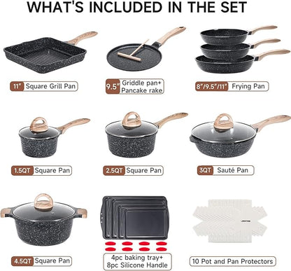 JEETEE 36Pcs Pots and Pans Set Non Stick, Cookware Set Non toxic Kitchen Healthy Induction Cooking Set W/Griddle, Sauté Pan, Baking Trays & Pancake Rake (PFOA, PFAS, PFOS Free)