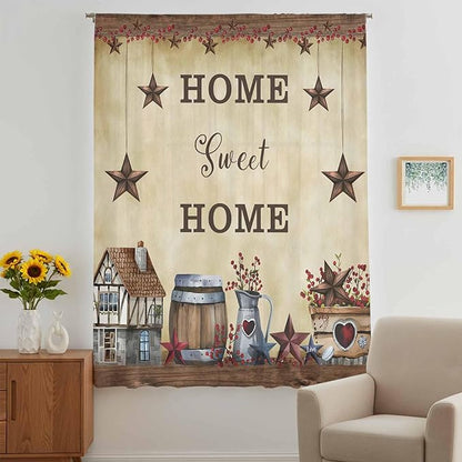 Farm Sheer Curtains 84 Inch Length American Country Barn Star Vintage Berry Brown Chiffon Curtain for Bedroom Living Room Light Filtering Rod Pocket Window Treatments Voile Curtains Drapes for Dining