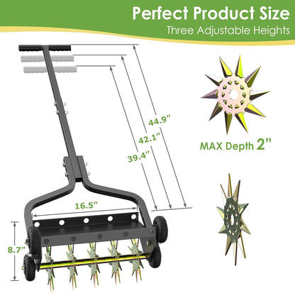 Seeutek 18 Inch Lawn Aerator, Upgraded Heavy Duty Manual Aerators Lawn Tool w/ 3D Steel Tines, 4 Wheels & Non-Slip Handle, Push Spike Aerator Suitable for Lawn, Garden and Yard