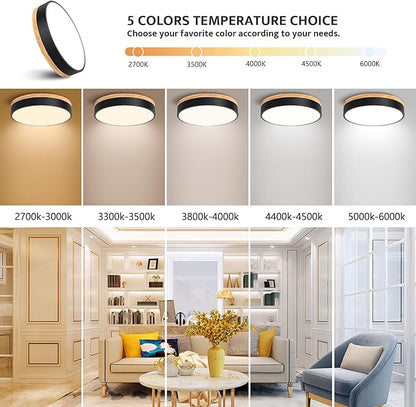 Dimmable Modern Wood Ceiling Light, Black LED 5CCT 2700K-6000K Flush Mount Ceiling Lighting Fixture, Round Light Fixtures for Kitchen Entryway Hallway Bedroom Laundry Room-11.8in