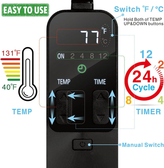 PID Dimming Thermostat Reptile with 24 Hours Cycle Timer for Reptiles Heat Lamp Heating Pad Seedling Heat Mat Temperature Controller