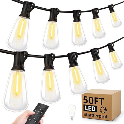 Outdoor String Led Patio Lights - 50Ft 15M Outside Waterproof Light With Remote Dimmable ST38 Shatterproof Bulb Connectable Hanging Outdoor Electric Lighting For Backyard Yard Gazebo Porch Party