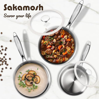 2.5 Quart Tri-ply Stainless Steel Saucepan with Glass Lid, Induction Sauce Pan Compatible with All Cooktops, Non-Toxic Sauce Pot with Stay Cool Handle, Oven & Dishwasher Safe