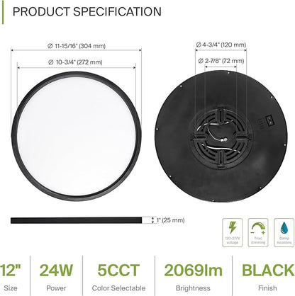 ASD LED 12" Round Flush Mount Ceiling Light Fixture, Low Profile Surface Lighting | 5CCT, Dimmable, Ultra-Thin, ETL Listed | 24W 2000LM 2700-6000K 100-277V | Kitchen, Hallway Lamp | Black, 4 Pack
