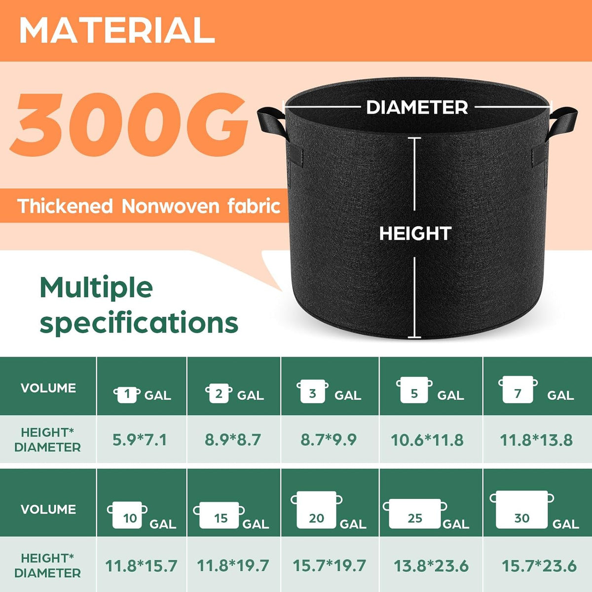 10 Pack 25 Gallon Grow Bags, Thickened Nonwoven Fabric Planter Pots with Handles, Heavy Duty 300G Garden Pots for Tomato, Potato and Vegetable