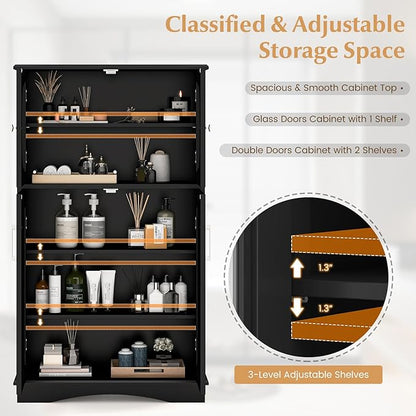 Tangkula Freestanding Floor Cabinet w/2 Glass Doors, 3-Level Adjustable Shelves, Anti-toppling Design, Kitchen Pantry Cupboard for Bathroom, Living Room (Black)