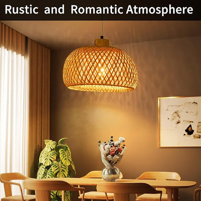 23.6inch Bamboo Rattan Pendant Light, Hand-Woven Wicker Boho Hanging Ceiling Light Fixture, Beige Pendant Lamp Rustic Farmhouse Chandelier for Kitchen Island, Dining Room, Bedroom, Living Room