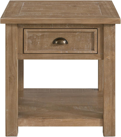 Monterey Farmhouse Rustic End Table, Solid Pine Wood Coastal Side Table with Drawer and Shelf. Driftwood.