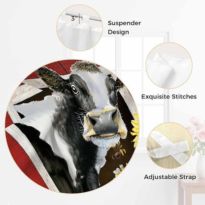 Cows Sunflowers Bedroom Curtains 63 Inch Length, Window Curtains Tab Top, Spring Botanical Floral Bees Red Barn Light Filtering Window Treatments Drapes 42"x63" 2 Panel