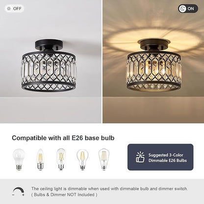 Crystal Black Ceiling Light, Modern Semi Flush Mount Ceiling Lighting Fixture, Round Hallway Lighting Fixtures for Kitchen Entryway Bedroom Laundry Room, 1-Light, 9 Inch