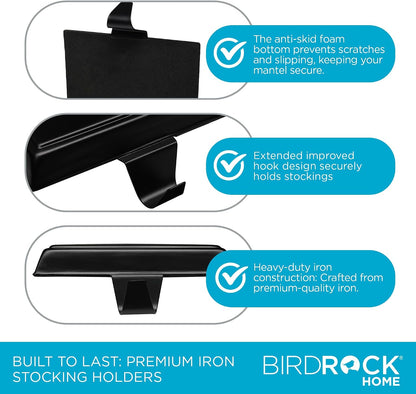 BIRDROCK HOME 4pk Flat Top Holiday Stocking Holder for Mantle | Black Finish with Non-Scratch Base | Fireplace Hook for Christmas Stockings Decor