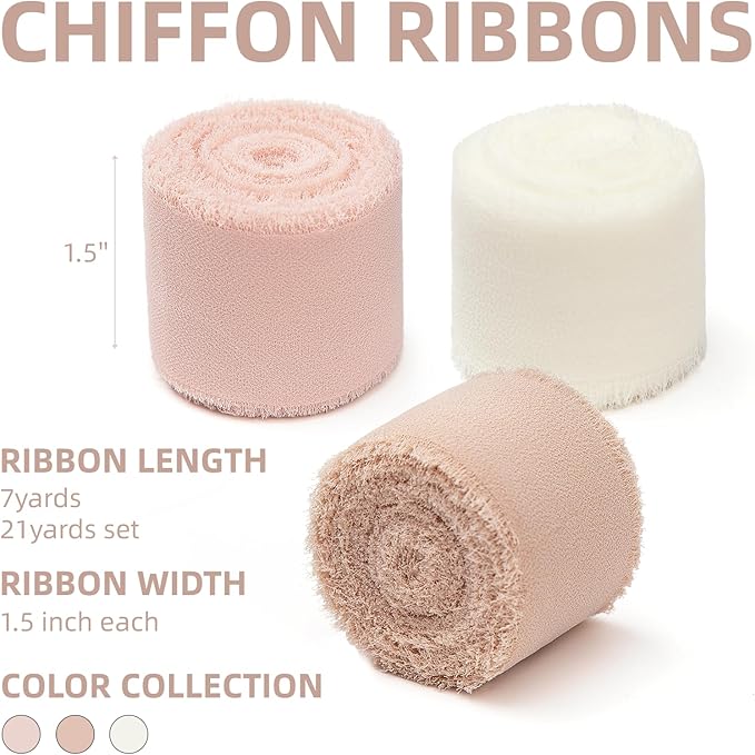 3 Rolls Nude & Cream White Handmade Chiffon Ribbon,1.5" x 21Yd Frayed Fringe Silk Ribbons (3 Rolls *7Yd) for Gifts Wrapping, Wedding Invitations, Bridal Bouquets, Decorations
