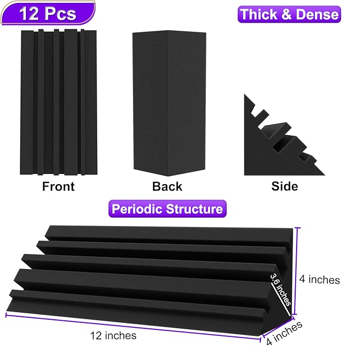 TroyStudio Bass Traps - 12 Pcs 4 X 4 X 12 Inches Dense Thick Studio Bass Foam Corner, Acoustic Treatment Panel Absorbing Echo Reverb, Low Frequency Sound Absorber for Music Room Home Recording Studio