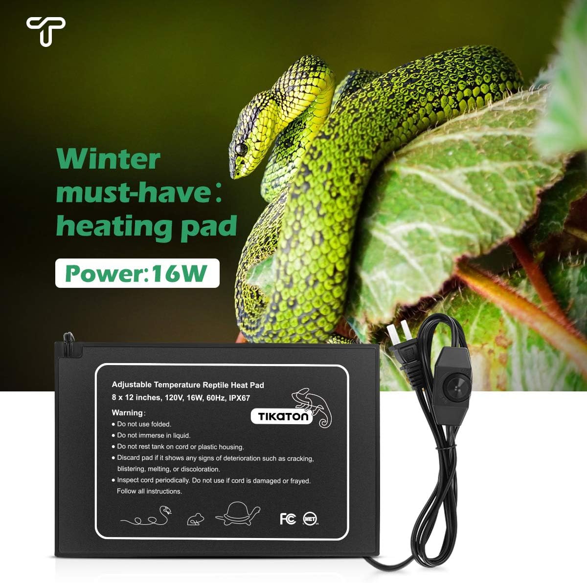 Tikaton Reptile Heat Pad - Adjustable Temperature Under Tank Heater for 10-20gal/30-40gal Tank, Terrarium Heat Mat for Turtle/Snake/Lizard/Frog/Spider/Plant Box