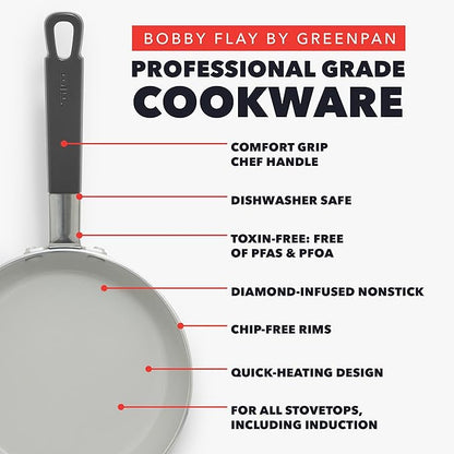 GreenPan x Bobby Flay 8" Nonstick Frying Pan Skillet, PFAS-Free Diamond Ceramic, Induction Suitable, Stay-Cool Silicone Handle, Easy Clean Dishwasher & Oven Safe, Egg & Omelet Pan, Graphite