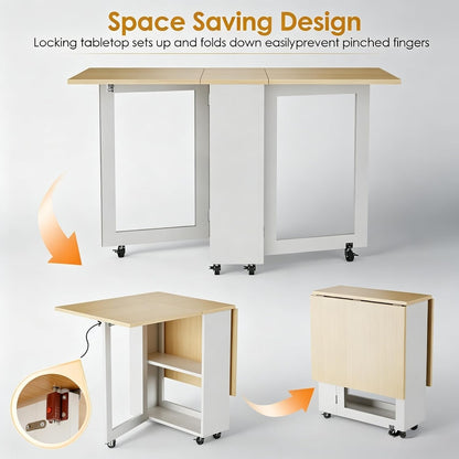 LotFun Portable Folding Dining Table, Space Saving Kitchen Table with 6 Lockable Casters & 2‑Tier Storage Rack, Multifunctional Table for Compact Spaces (48.6 x 24.6X 30.6)