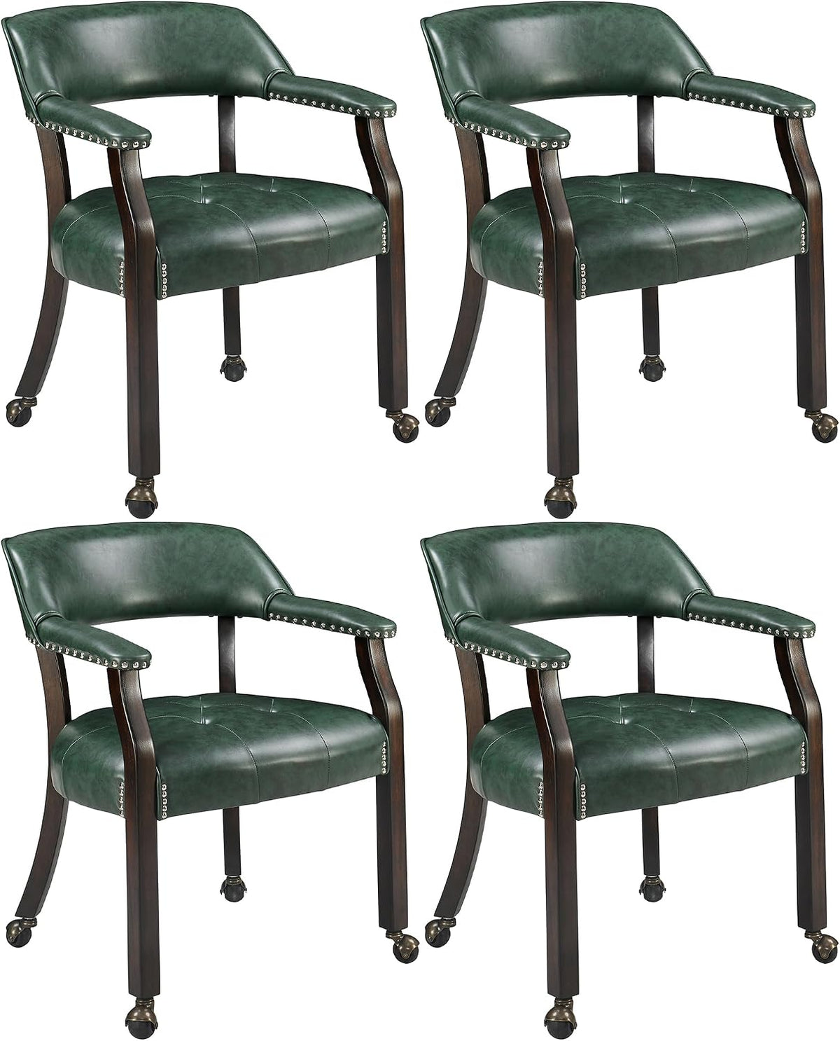 LEEMTORIG Set of 4 Large Dining Chairs with Casters and Arms, Rolling Dining Chairs with Wheels, Game Poker Chairs, Boss Caption's Chairs, 26" Dx25.2 Wx31.5 H, Espresso Legs & Green PU, XXY-1910-GN