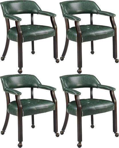 LEEMTORIG Set of 4 Large Dining Chairs with Casters and Arms, Rolling Dining Chairs with Wheels, Game Poker Chairs, Boss Caption's Chairs, 26" Dx25.2 Wx31.5 H, Espresso Legs & Green PU, XXY-1910-GN