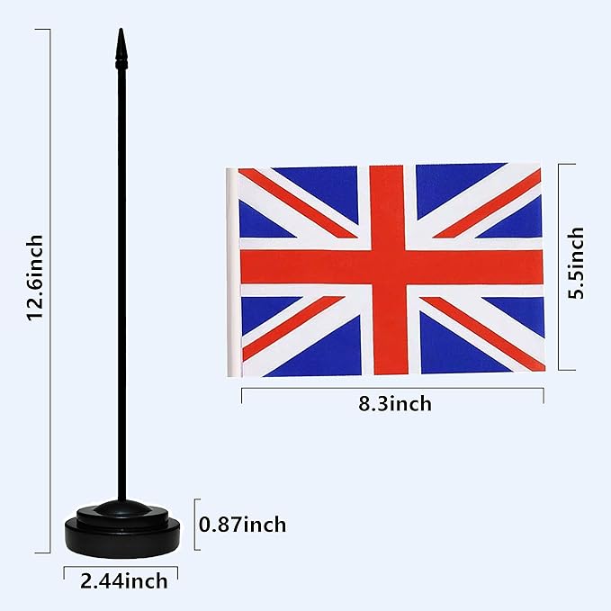 UK British Deluxe Desk Flag Set Small Mini United Kingdom Miniature Table Desktop Flags With Solid Pole, Black Base and Spear Top(2 Pack)